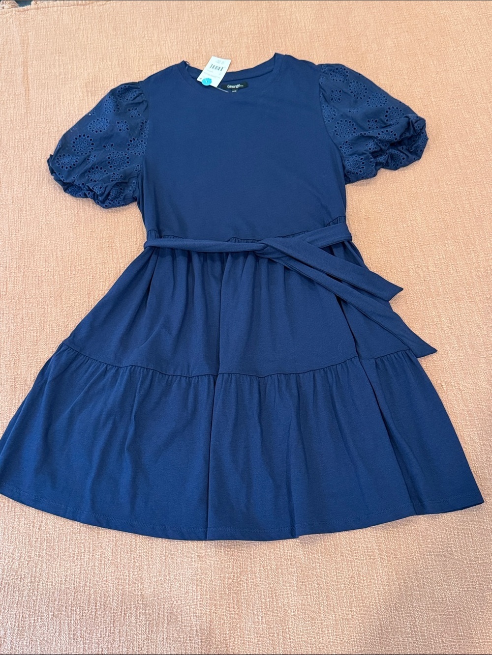 NWT Navy Eyelet Puff-Sleeve Tiered Midi Dress with fabric Waist Tie
